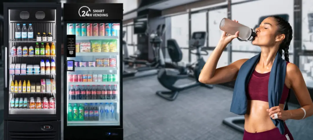 Girl interacting with a Haha AI Vending Pro smart vending machine.